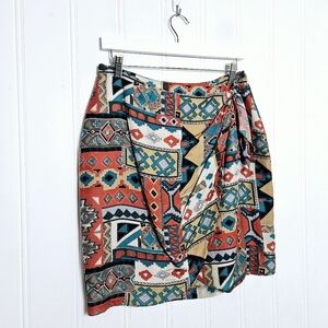 Vintage Silk Skirt Womens Size L Marnie West Multicored Aztec Faux Wrap